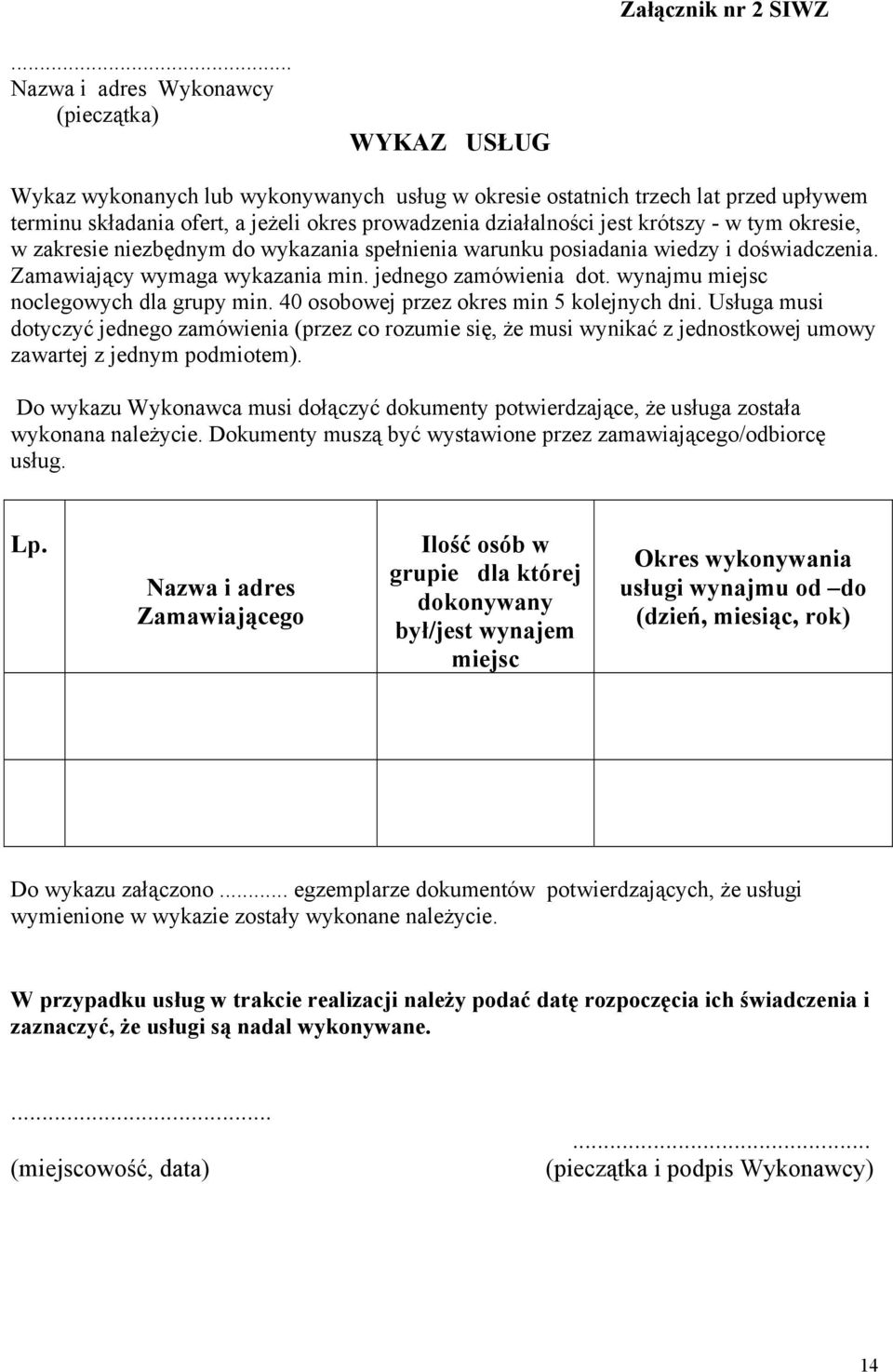 działalności jest krótszy - w tym okresie, w zakresie niezbędnym do wykazania spełnienia warunku posiadania wiedzy i doświadczenia. Zamawiający wymaga wykazania min. jednego zamówienia dot.