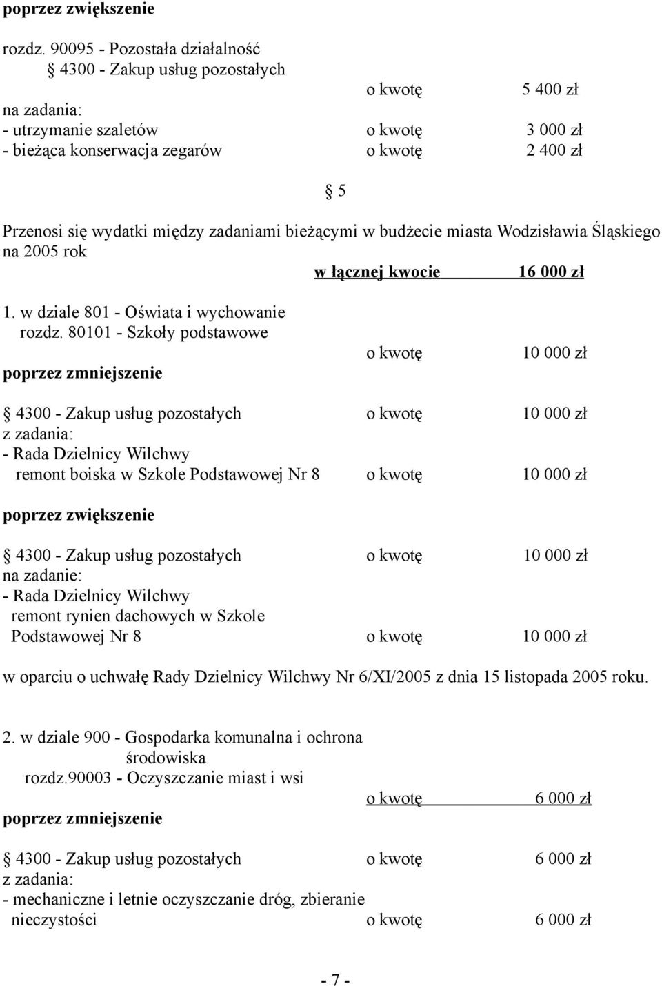 bieżącymi w budżecie miasta Wodzisławia Śląskiego na 2005 rok w łącznej kwocie 16 000 zł 1.