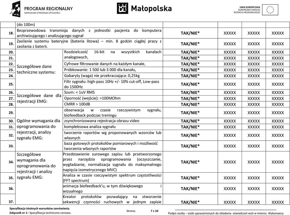 Próbkowanie: 1500 lub 3000 dla kanału, techniczne systemu: 24. Gabaryty (waga) nie przekraczająca: 0,25kg 25. Filtr sygnału: high-pass 10Hz +/- 10% cut-off, Low-pass do 1500Hz 26.