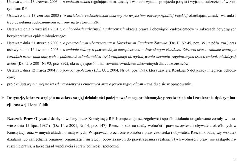 o chorobach zakaźnych i zakażeniach określa prawa i obowiązki cudzoziemców w zakresach dotyczących bezpieczeństwa epidemiologicznego; - Ustawa z dnia 23 stycznia 2003 r.