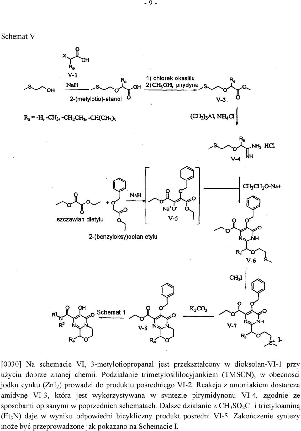 Reakcja z amoniakiem dostarcza amidynę VI-3, która jest wykorzystywana w syntezie pirymidynonu VI-4, zgodnie ze sposobami opisanymi w poprzednich