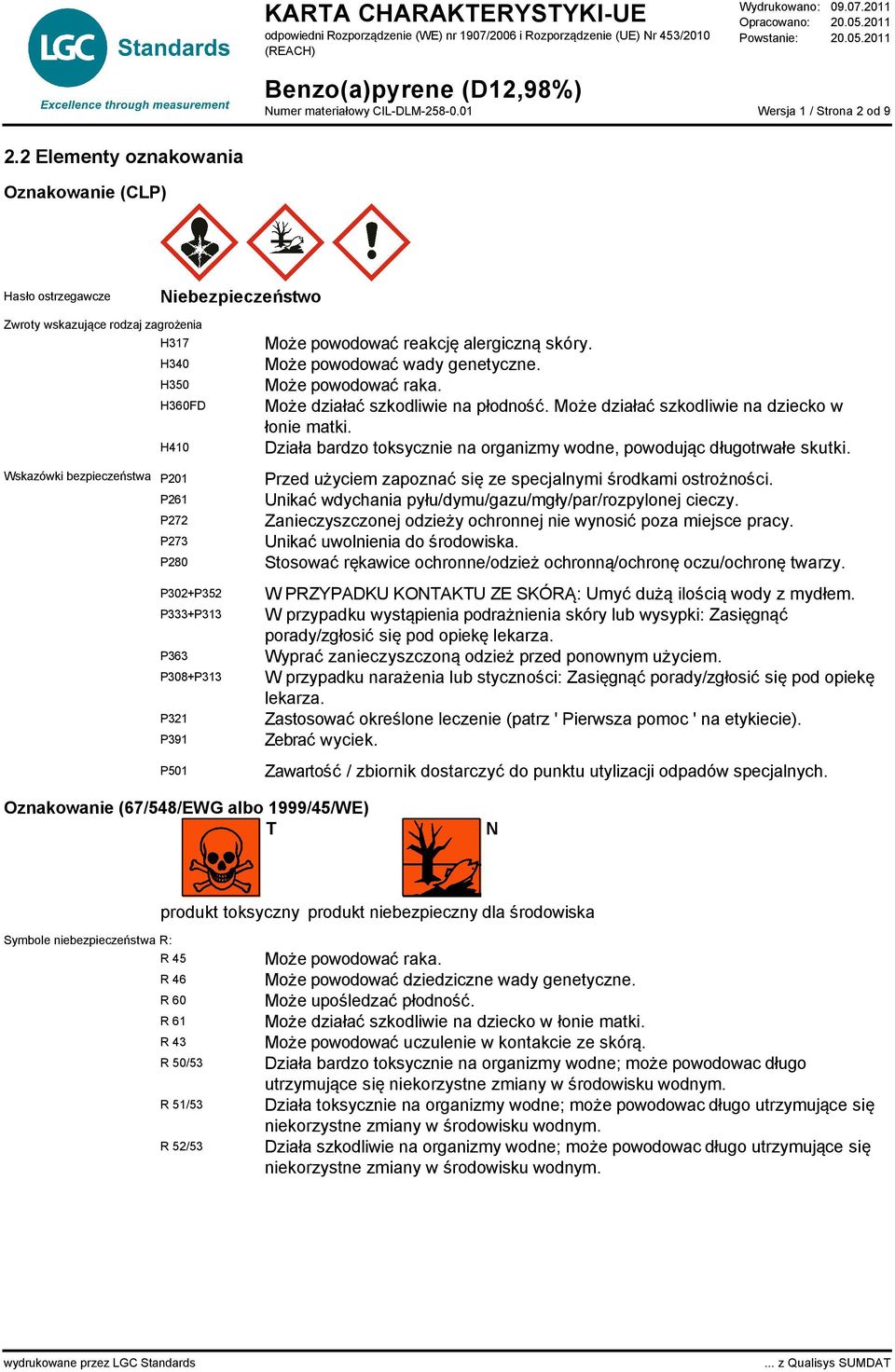 P302+P352 P333+P313 P363 P308+P313 P321 P391 P501 Może powodować reakcję alergiczną skóry. Może powodować wady genetyczne. Może powodować raka. Może działać szkodliwie na płodność.