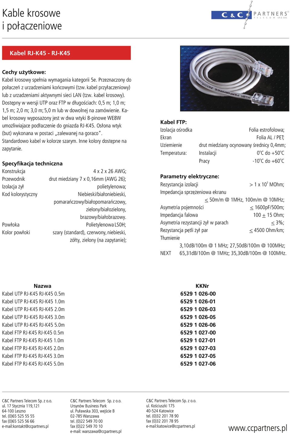 Kabel krswy wypsa ny jest w dwa wtyki 8-pinwe WE8W um liwiaj¹ce pd³¹czenie d gniazda J-K45. Os³na wtyk (but) wyknana w pstaci zalewanej na gr¹c. Standardw kabel w klrze szarym.