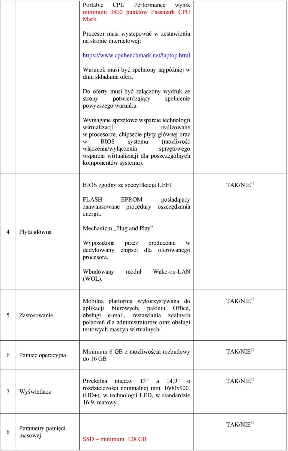 Wymagane sprzętowe wsparcie technologii wirtualizacji realizowane w procesorze, chipsecie płyty głównej oraz w BIOS systemu (możliwość włączenia/wyłączenia sprzętowego wsparcia wirtualizacji dla