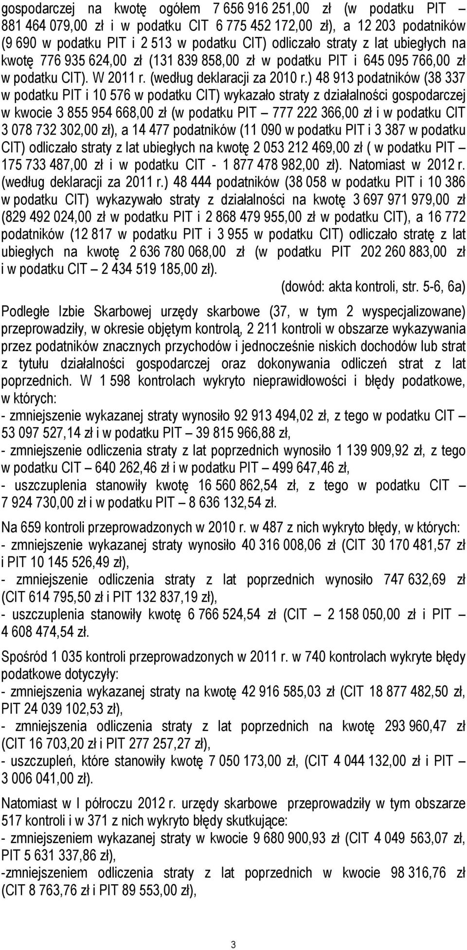 ) 48 913 podatników (38 337 w podatku PIT i 10 576 w podatku CIT) wykazało straty z działalności gospodarczej w kwocie 3 855 954 668,00 zł (w podatku PIT 777 222 366,00 zł i w podatku CIT 3 078 732