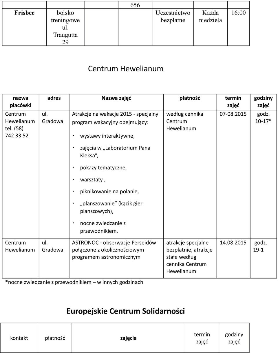 10-17* zajęcia w Laboratorium Pana Kleksa, pokazy tematyczne, warsztaty, piknikowanie na polanie, planszowanie (kącik gier planszowych), nocne zwiedzanie z przewodnikiem. Centrum Hewelianum ul.