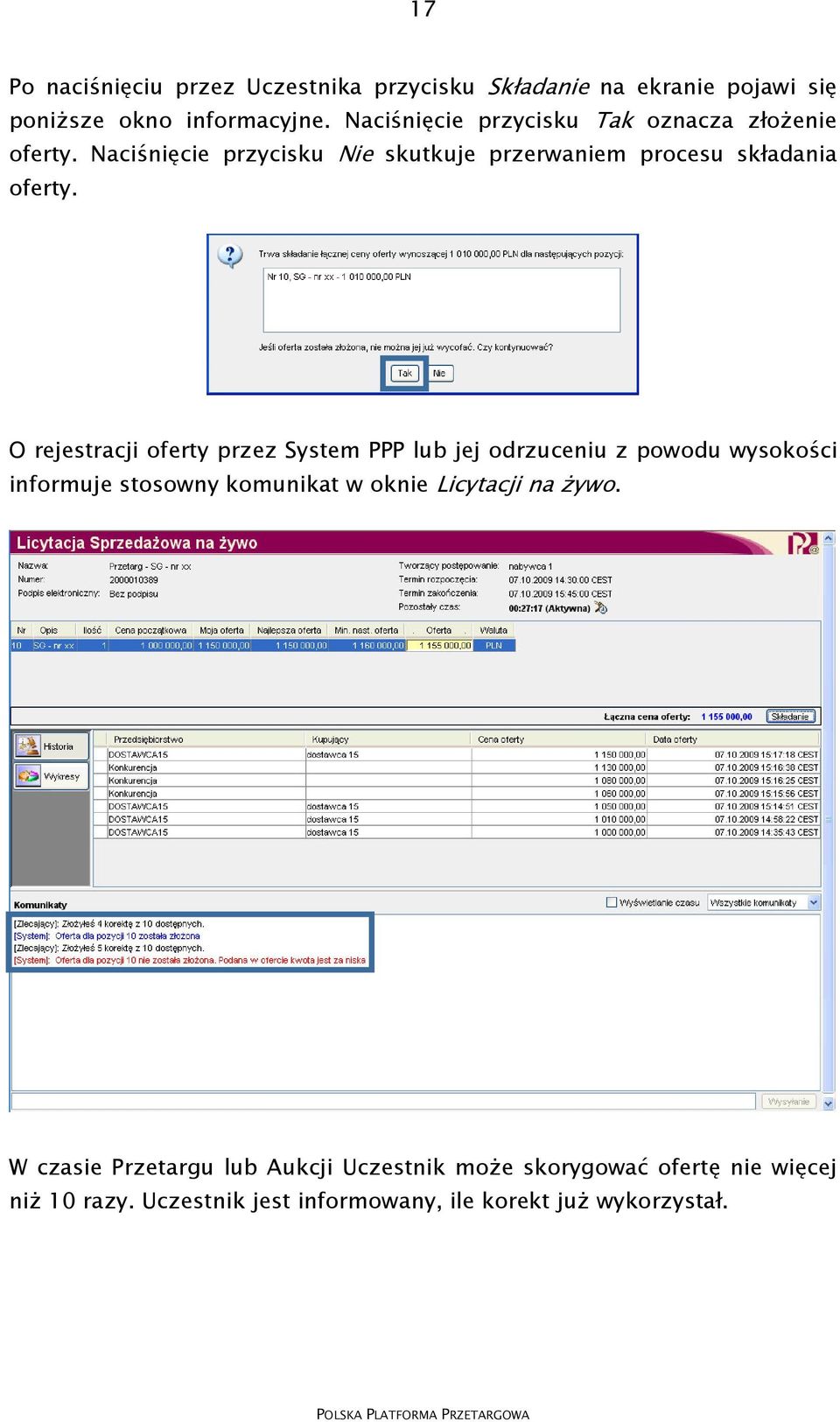 O rejestracji oferty przez System PPP lub jej odrzuceniu z powodu wysokości informuje stosowny komunikat w oknie Licytacji na