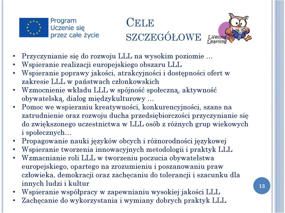 oraz rozwoju ducha przedsiębiorczości przyczynianie się do zwiększonego uczestnictwa w LLL osób z różnych grup wiekowych i społecznych Propagowanie nauki języków obcych i różnorodności językowej