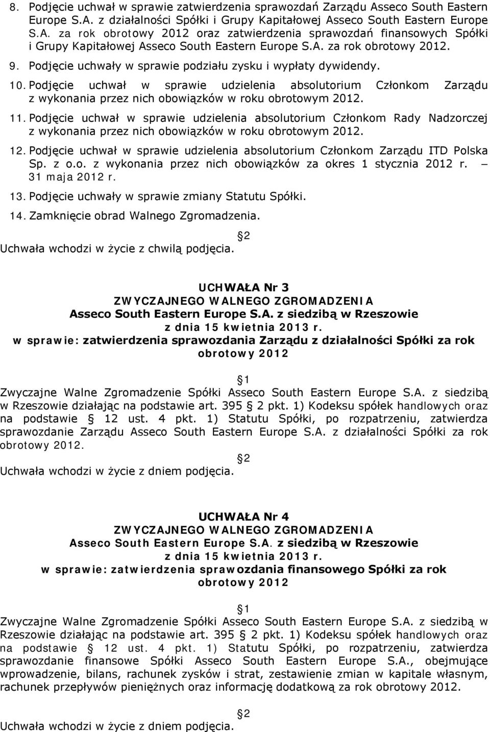 Podjęcie uchwał w sprawie udzielenia absolutorium Członkom Rady Nadzorczej z wykonania przez nich obowiązków w roku obrotowym 2012. 12.