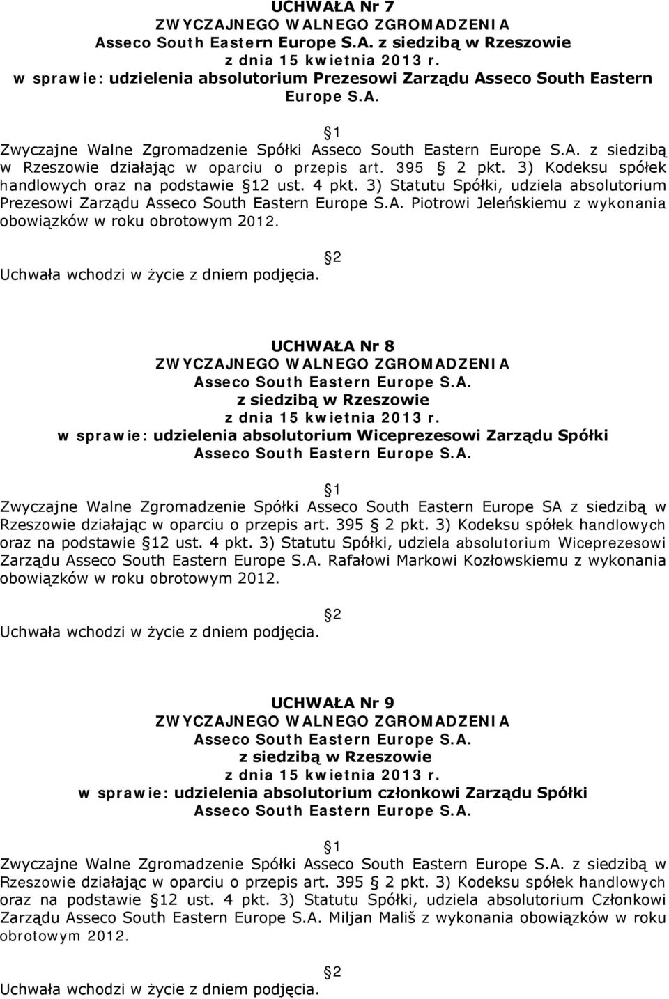 UCHWAŁA Nr 8 z siedzibą w Rzeszowie w sprawie: udzielenia absolutorium Wiceprezesowi Zarządu Spółki Zwyczajne Walne Zgromadzenie Spółki Asseco South Eastern Europe SA z siedzibą w Rzeszowie działając