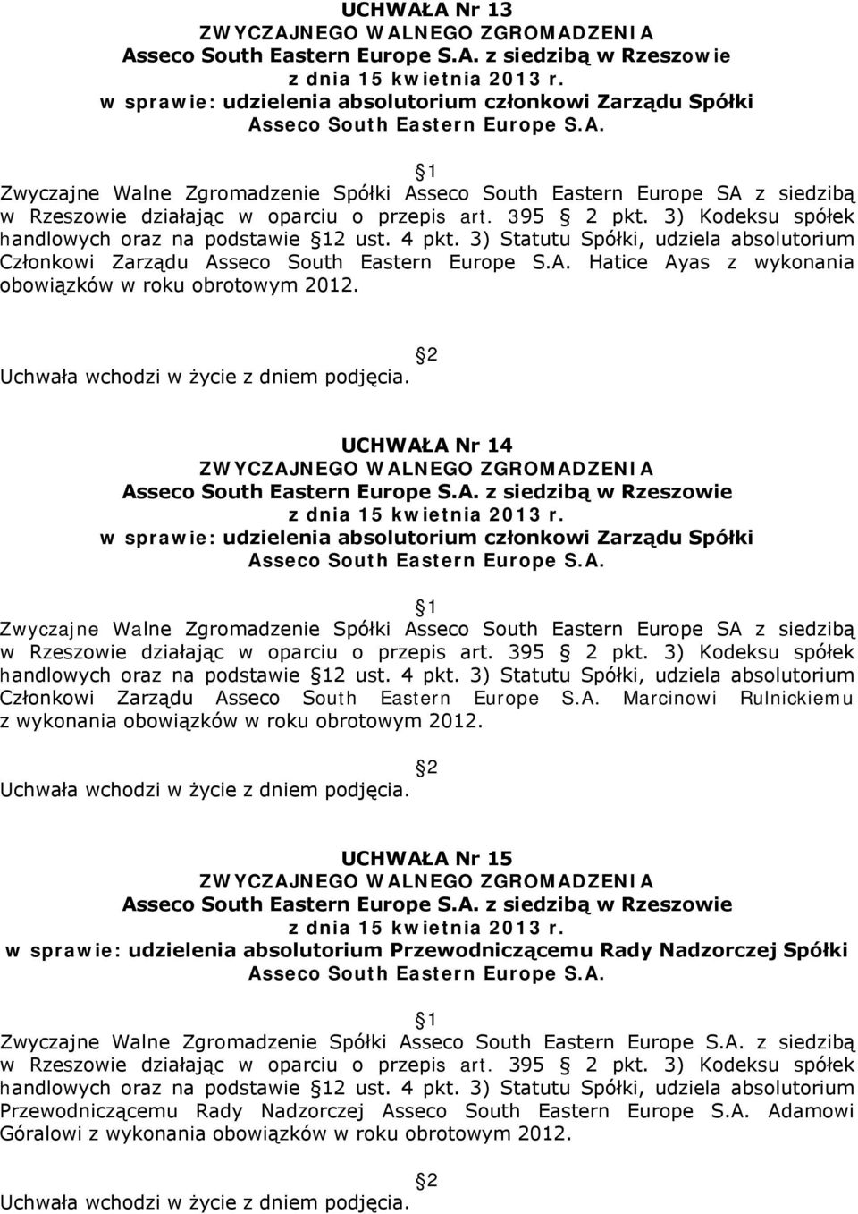 UCHWAŁA Nr 14 Zwyczajne Walne Zgromadzenie Spółki Asseco South Eastern Europe SA z siedzibą handlowych oraz na podstawie 2 ust. 4 pkt.