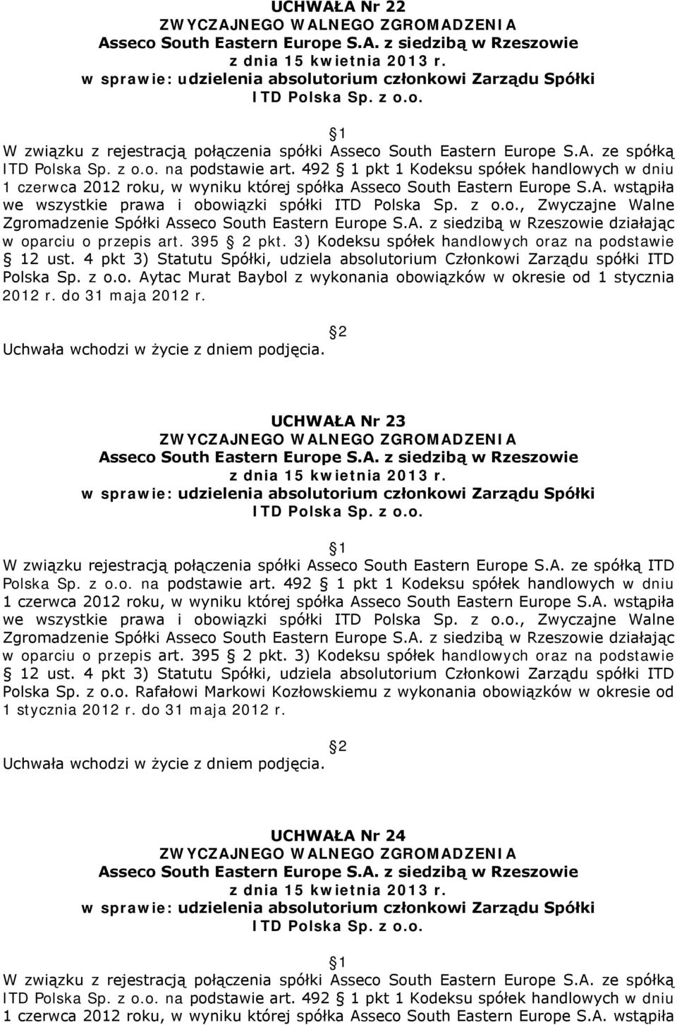 395 2 pkt. 3) Kodeksu spółek handlowych oraz na podstawie 12 ust. 4 pkt 3) Statutu Spółki, udziela absolutorium Członkowi Zarządu spółki ITD Polska Sp. z o.o. Aytac Murat Baybol z wykonania obowiązków w okresie od 1 stycznia 2012 r.