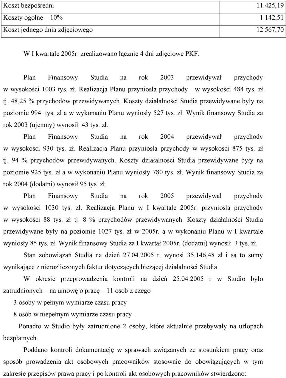 Koszty działalności Studia przewidywane były na poziomie 994 tys. zł a w wykonaniu Planu wyniosły 527 tys. zł. Wynik finansowy Studia za rok 2003 (ujemny) wynosił 43 tys. zł. Plan Finansowy Studia na rok 2004 przewidywał przychody w wysokości 930 tys.