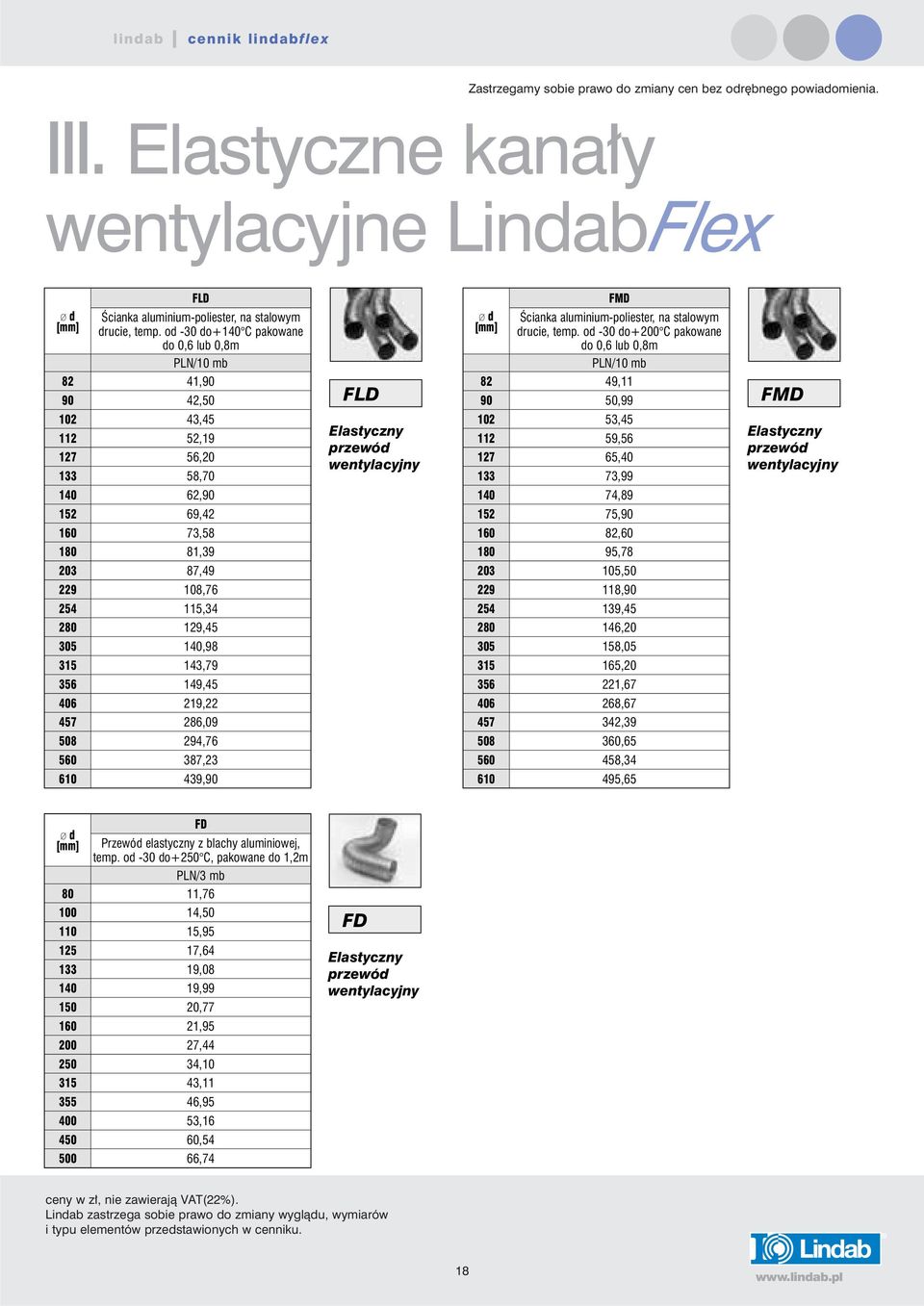 od -30 do+200 C pakowane do 0,6 lub 0,8m PLN/10 mb 82 41,90 90 42,50 FLD 82 49,11 90 50,99 FMD 102 43,45 112 52,19 127 56,20 133 58,70 Elastyczny przewód wentylacyjny 102 53,45 112 59,56 127 65,40