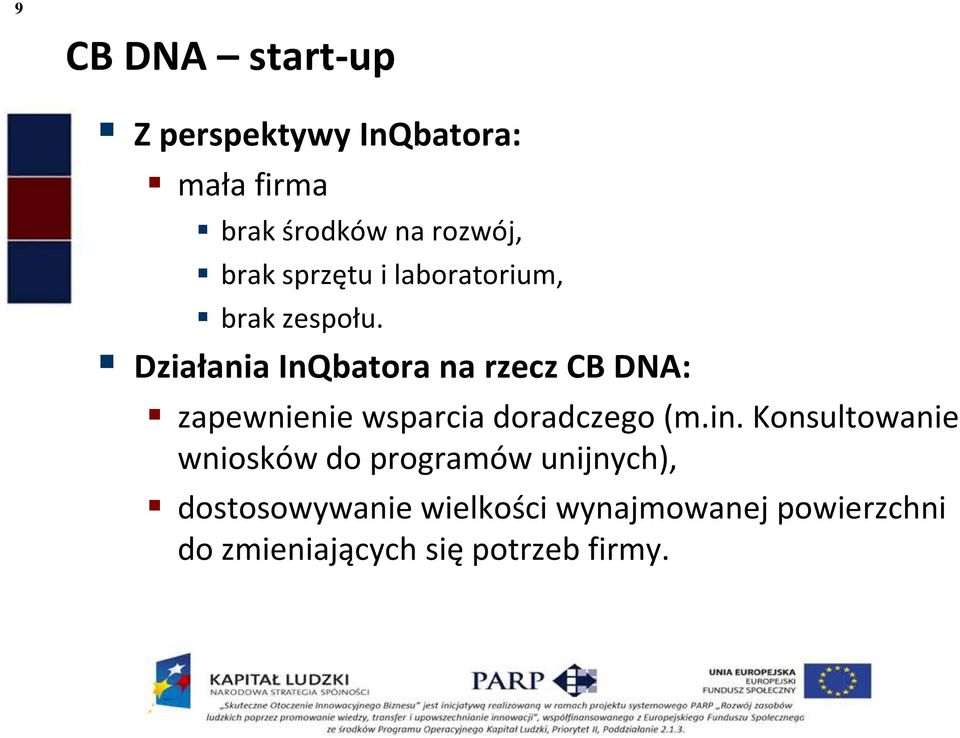 Działania InQbatora na rzecz CB DNA: zapewnienie wsparcia doradczego (m.in.