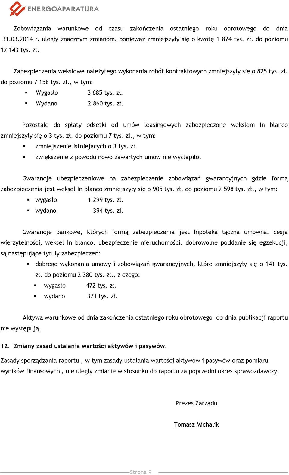 zł. Pozostałe do spłaty odsetki od umów leasingowych zabezpieczone wekslem In blanco zmniejszyły się o 3 tys. zł. do poziomu 7 tys. zł., w tym: zmniejszenie istniejących o 3 tys. zł. zwiększenie z powodu nowo zawartych umów nie wystąpiło.