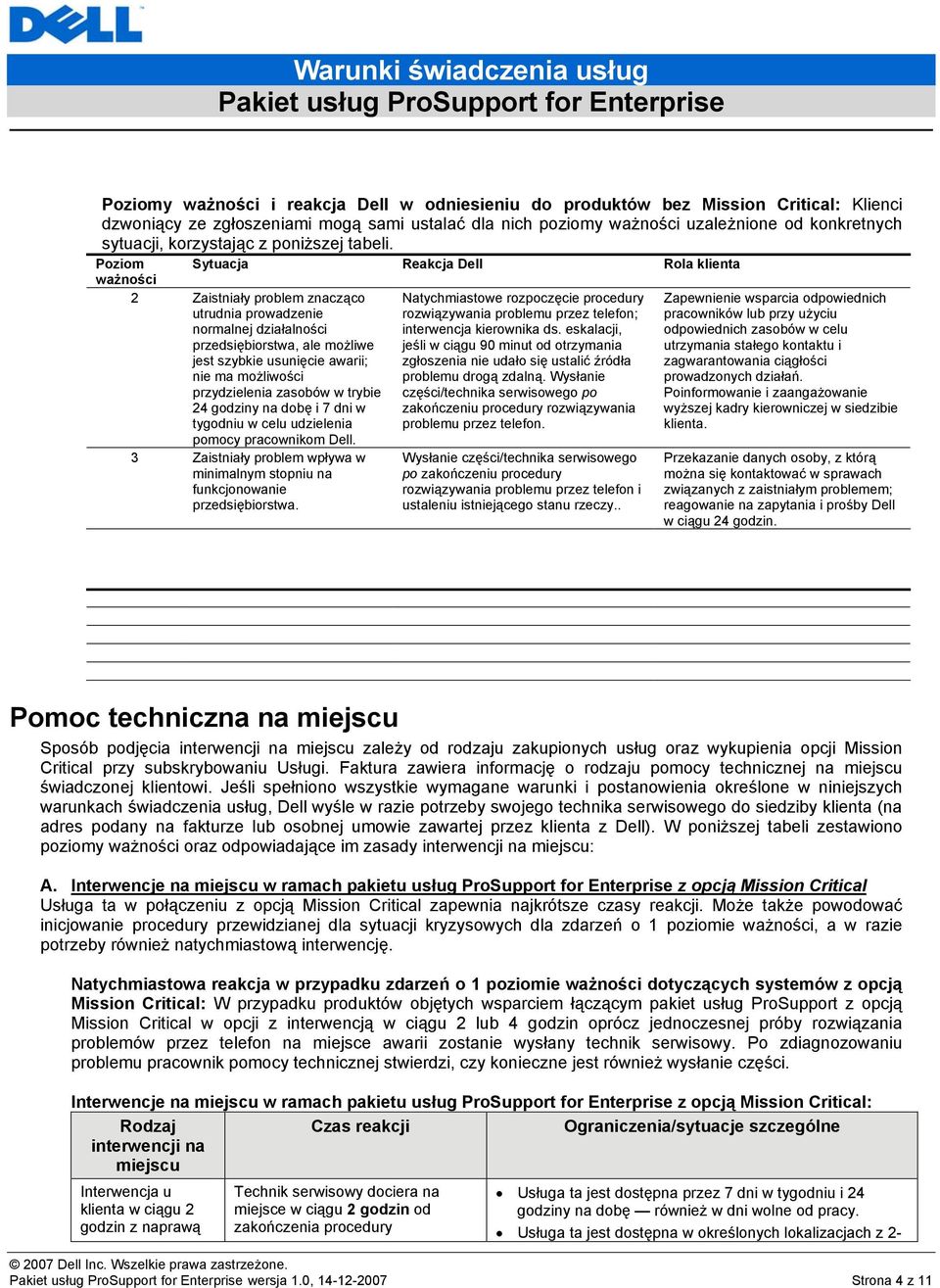 Poziom Sytuacja Reakcja Dell Rola klienta ważności 2 Zaistniały problem znacząco utrudnia prowadzenie normalnej działalności przedsiębiorstwa, ale możliwe jest szybkie usunięcie awarii; nie ma