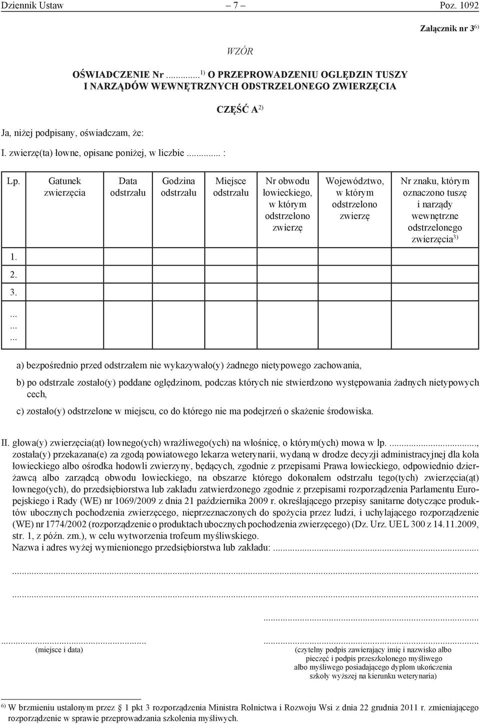 Gatunek zwierzęcia Data odstrzału Godzina odstrzału Miejsce odstrzału Nr obwodu łowieckiego, w którym odstrzelono zwierzę Województwo, w którym odstrzelono zwierzę Nr znaku, którym oznaczono tuszę i