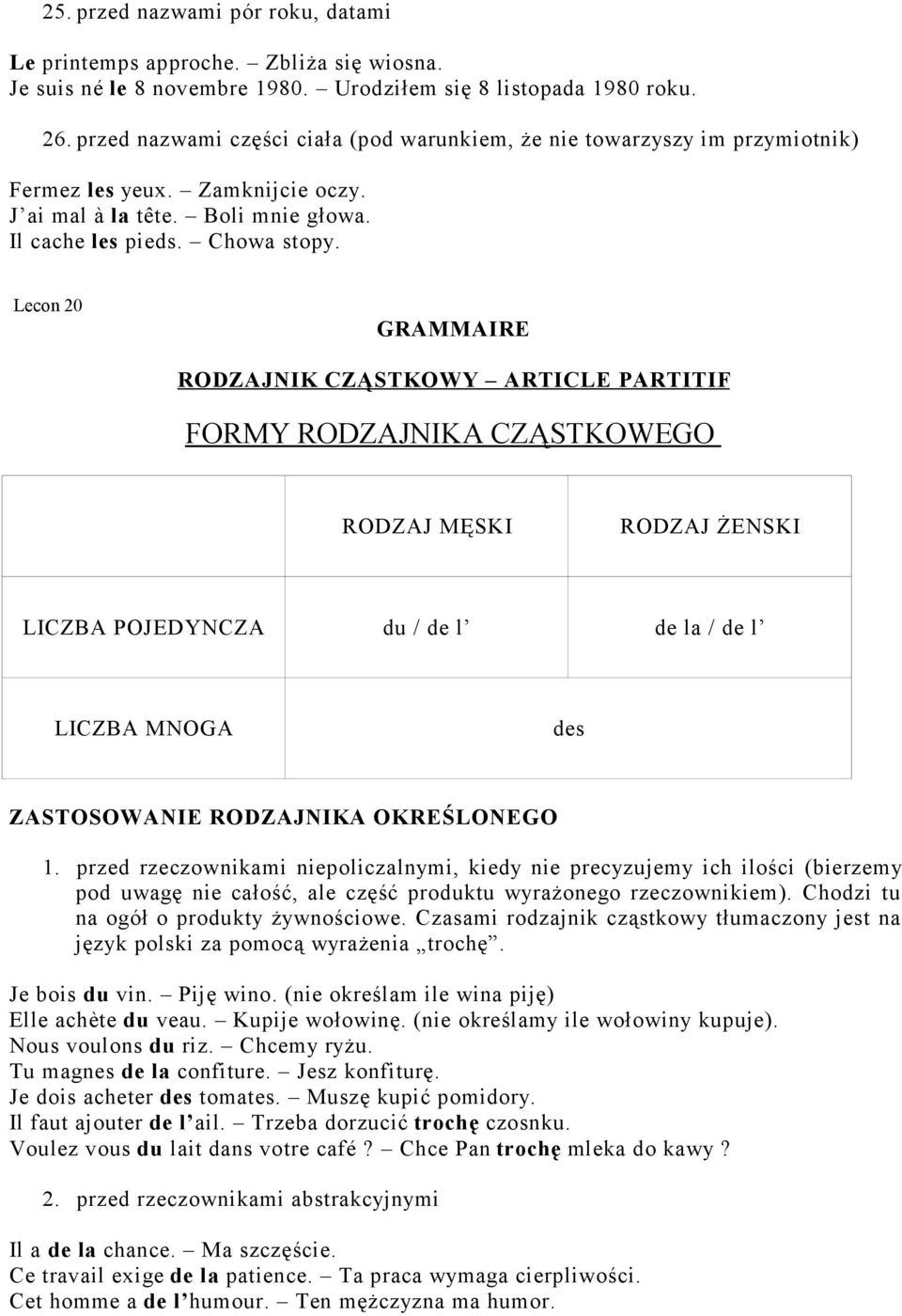 Lecon 20 GRAMMAIRE RODZAJNIK CZĄSTKOWY ARTICLE PARTITIF FORMY RODZAJNIKA CZĄSTKOWEGO RODZAJ MĘSKI RODZAJ ŻENSKI LICZBA POJEDYNCZA du / de l de la / de l LICZBA MNOGA des ZASTOSOWANIE RODZAJNIKA