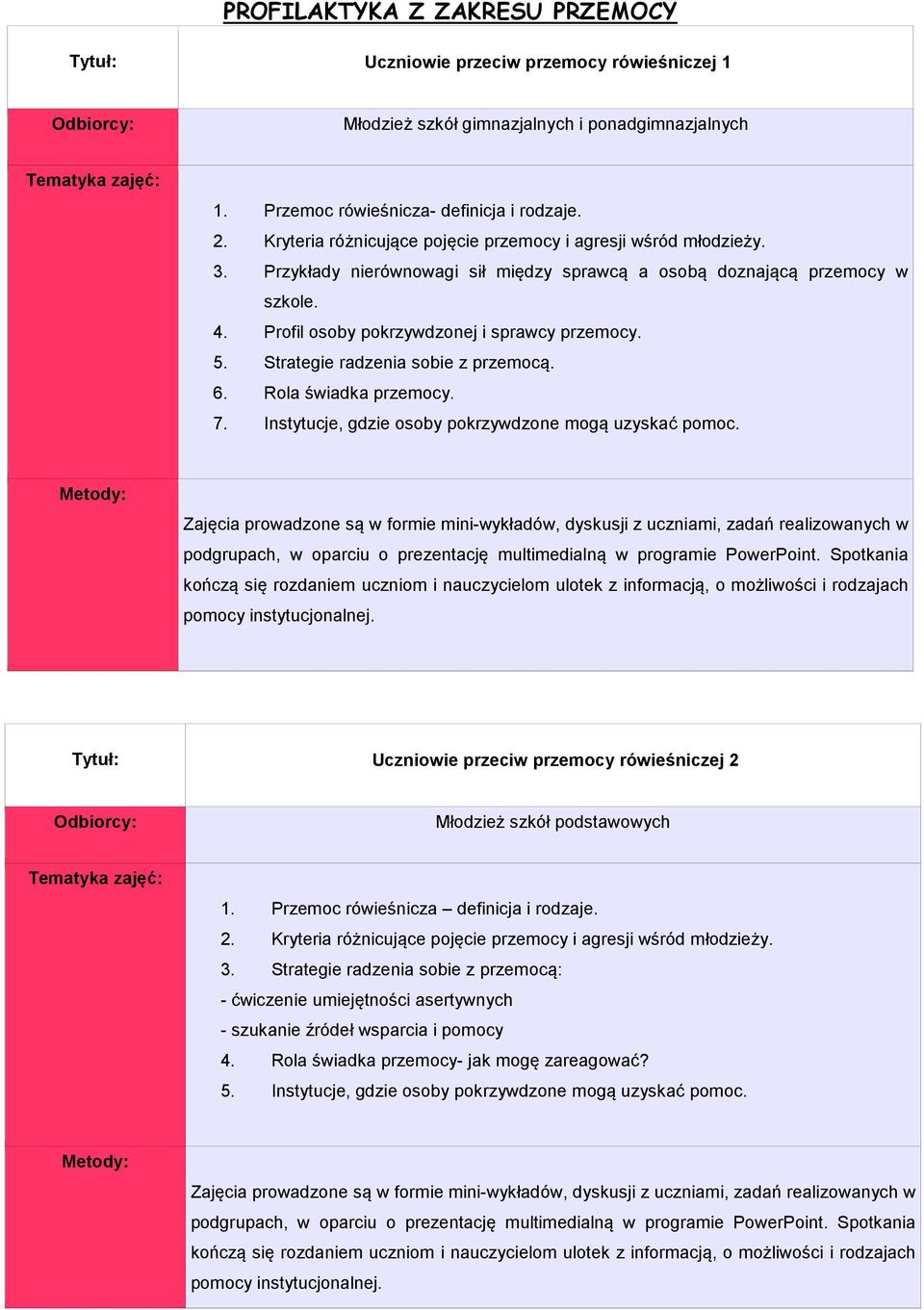 Strategie radzenia sobie z przemocą. 6. Rola świadka przemocy. 7. Instytucje, gdzie osoby pokrzywdzone mogą uzyskać pomoc.