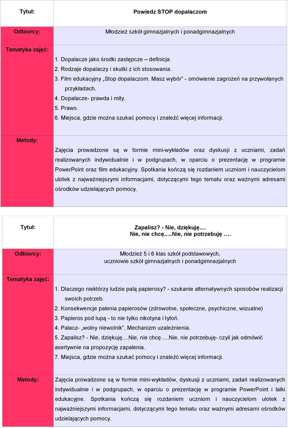 Zajęcia prowadzone są w formie mini-wykładów oraz dyskusji z uczniami, zadań realizowanych indywidualnie i w podgrupach, w oparciu o prezentację w programie PowerPoint oraz film edukacyjny.