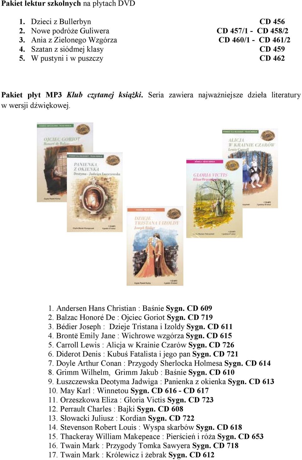 Balzac Honoré De : Ojciec Goriot Sygn. CD 719 3. Bédier Joseph : Dzieje Tristana i Izoldy Sygn. CD 611 4. Brontë Emily Jane : Wichrowe wzgórza Sygn. CD 615 5.