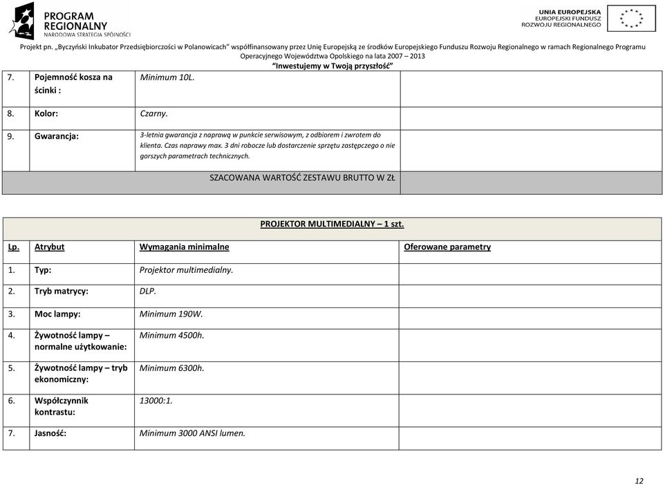 3 dni robocze lub dostarczenie sprzętu zastępczego o nie gorszych parametrach technicznych. PROJEKTOR MULTIMEDIALNY 1 szt. Lp.