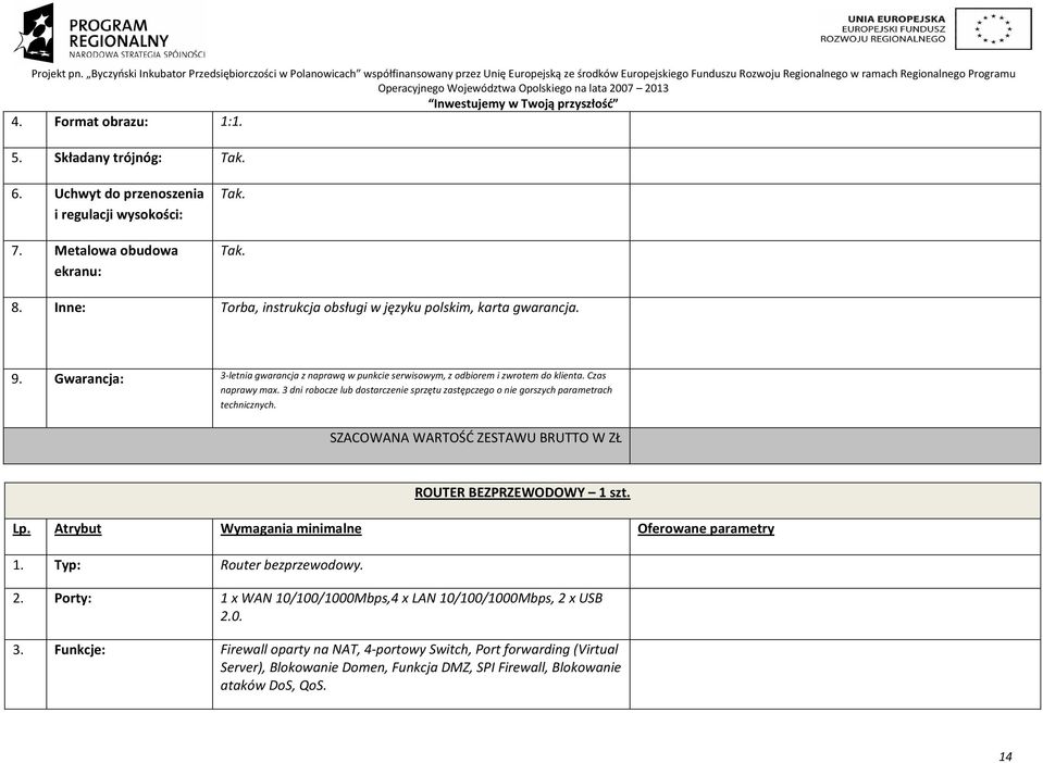 3 dni robocze lub dostarczenie sprzętu zastępczego o nie gorszych parametrach technicznych. ROUTER BEZPRZEWODOWY 1 szt. Lp. Atrybut Wymagania minimalne Oferowane parametry 1.