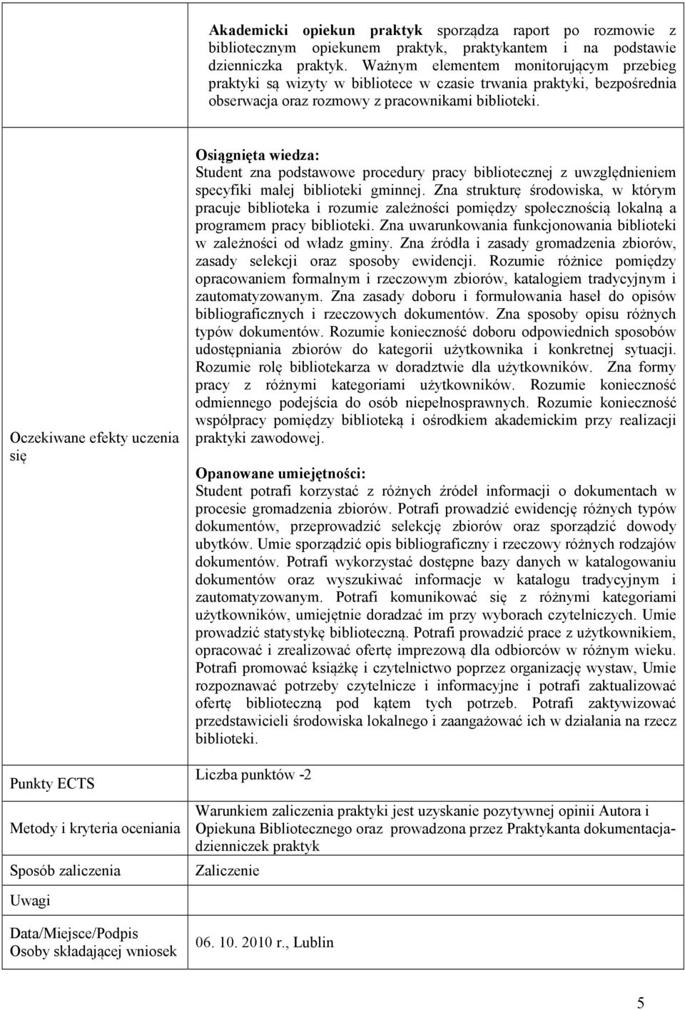 Oczekiwane efekty uczenia się Punkty ECTS Metody i kryteria oceniania Sposób zaliczenia Osiągnięta wiedza: Student zna podstawowe procedury pracy bibliotecznej z uwzględnieniem specyfiki małej