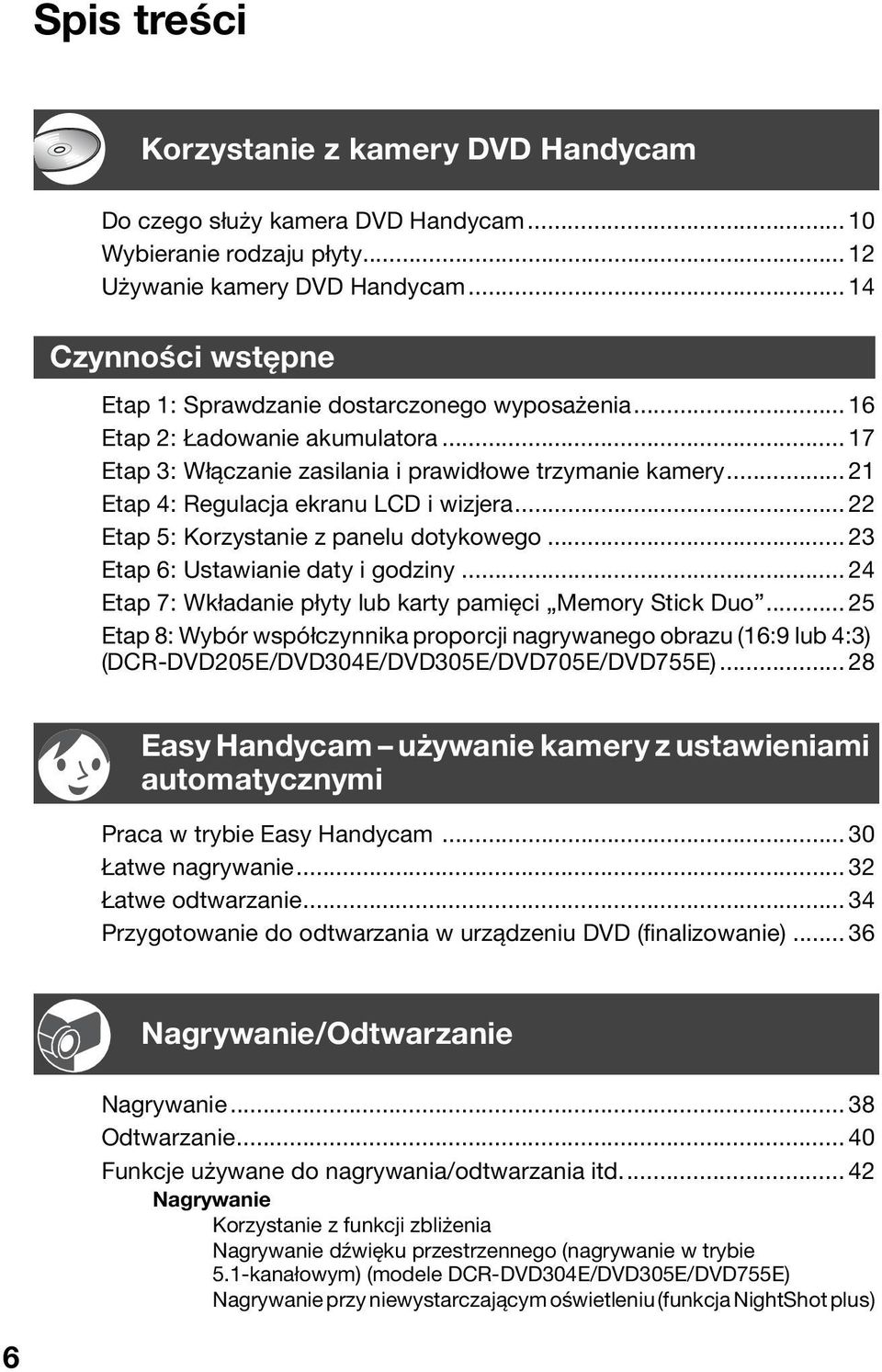 .. 21 Etap 4: Regulacja ekranu LCD i wizjera... 22 Etap 5: Korzystanie z panelu dotykowego... 23 Etap 6: Ustawianie daty i godziny... 24 Etap 7: Wkładanie płyty lub karty pamięci Memory Stick Duo.