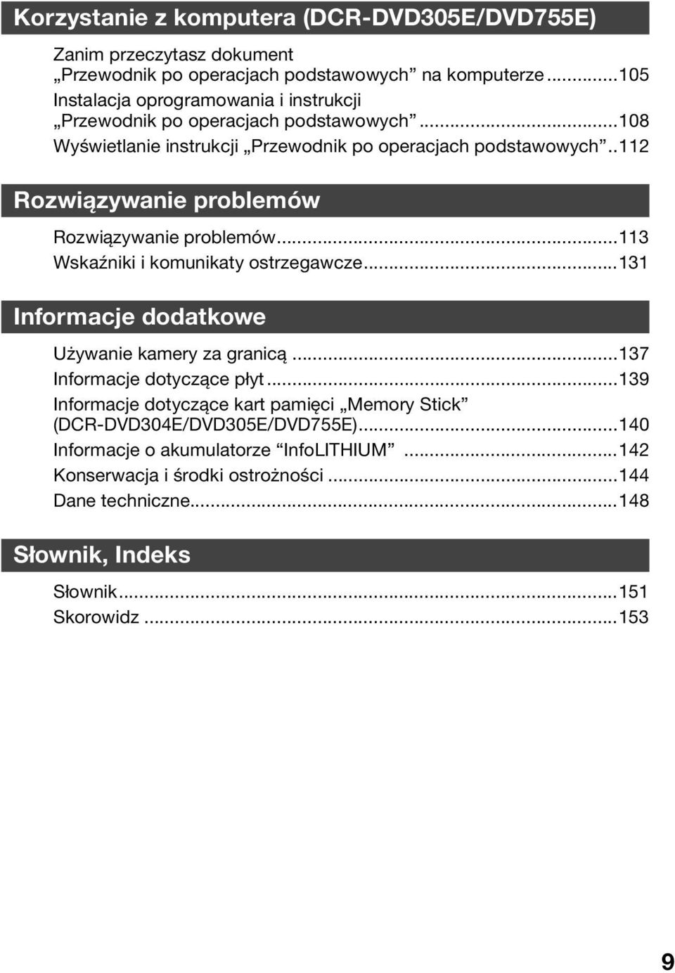 .112 Rozwiązywanie problemów Rozwiązywanie problemów...113 Wskaźniki i komunikaty ostrzegawcze...131 Informacje dodatkowe Używanie kamery za granicą.