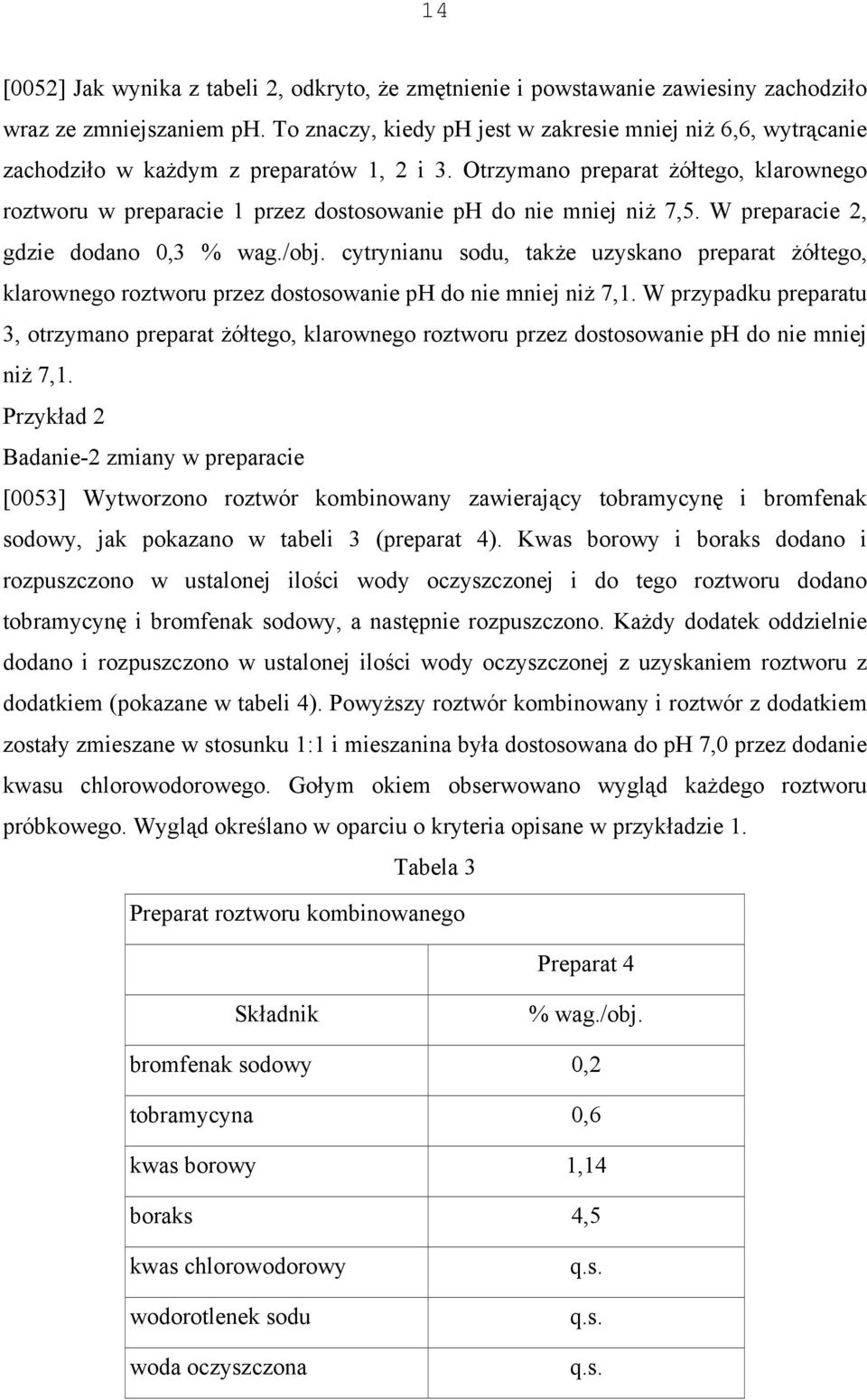 Otrzymano preparat żółtego, klarownego roztworu w preparacie 1 przez dostosowanie ph do nie mniej niż 7,5. W preparacie 2, gdzie dodano 0,3 % wag./obj.