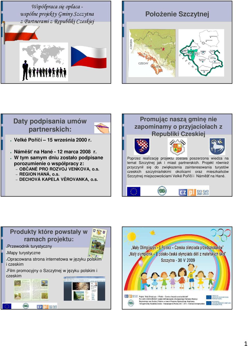 mym dniu zostało podpisane porozumienie o współpracy z: OBČANÉ PRO ROZVOJ VENKOVA, o.s. REGION HANÁ, o.s. DECHOVÁ KAPELA VĚROVANKA, o.s. Promując naszą gminę nie zapominamy o przyjaciołach z Republiki Czeskiej Poprzez realizację projektu została poszerzona wiedza na temat Szczytnej jak i miast partnerskich.