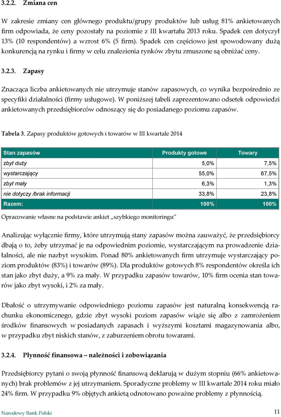 W poniższej tabeli zaprezentowano odsetek odpowiedzi ankietowanych przedsiębiorców odnoszący się do posiadanego poziomu zapasów. Tabela 3.