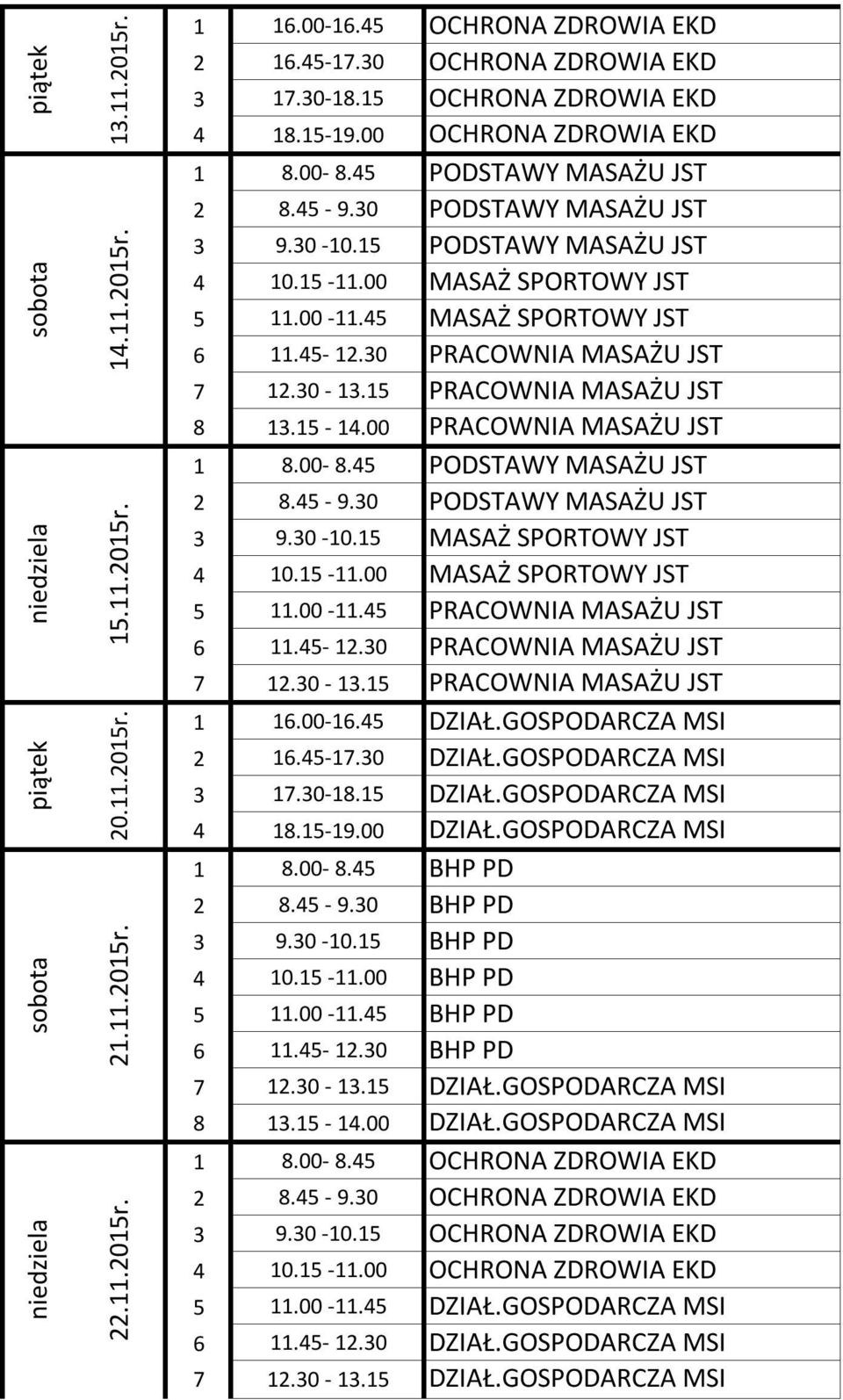 15 DZIAŁ.GOSPODARCZA MSI 4 18.15-19.00 DZIAŁ.GOSPODARCZA MSI 1 8.00-8.45 BHP PD 2 8.45-9.30 BHP PD 3 9.30-10.15 BHP PD 4 10.15-11.00 BHP PD 5 11.00-11.45 BHP PD 6 11.45-12.