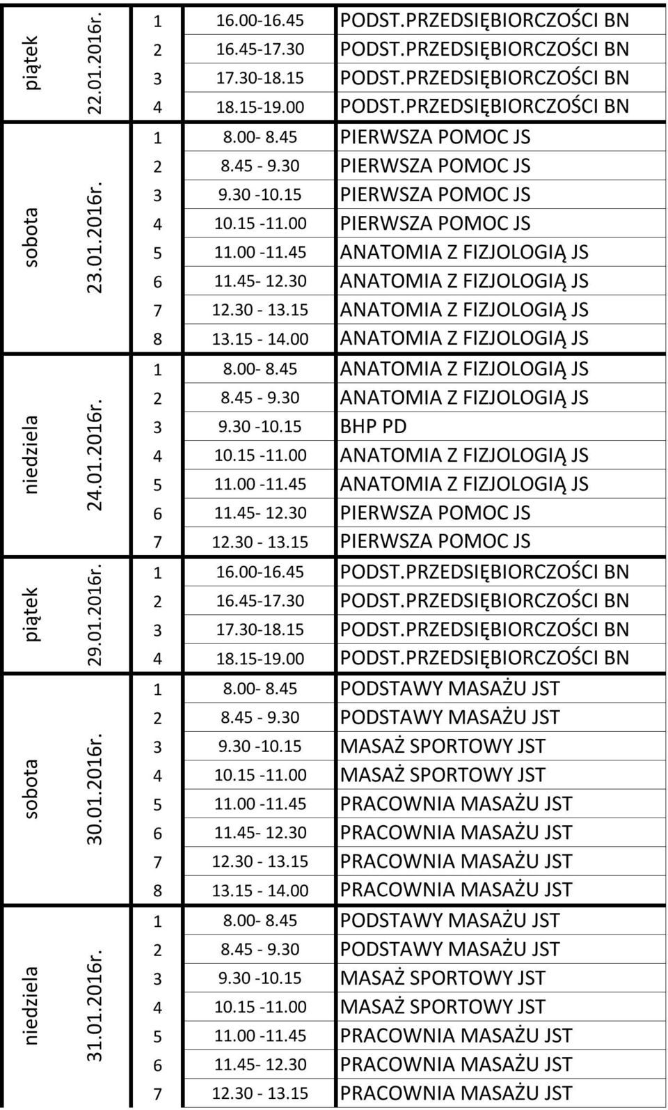 45-12.30 ANATOMIA Z FIZJOLOGIĄ JS 8 13.15-14.00 ANATOMIA Z FIZJOLOGIĄ JS 1 8.00-8.45 ANATOMIA Z FIZJOLOGIĄ JS 2 8.45-9.