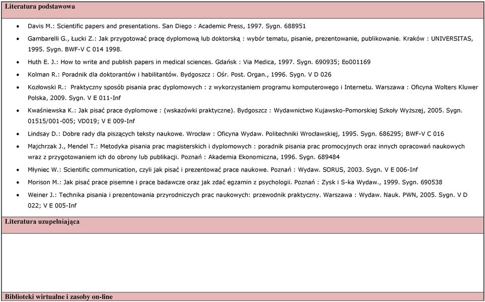 Gdańsk : Via Medica, 1997. Sygn. 690935; Eo001169 Kolman R.: Poradnik dla doktorantów i habilitantów. Bydgoszcz : Ośr. Post. Organ., 1996. Sygn. V D 026 Kozłowski R.