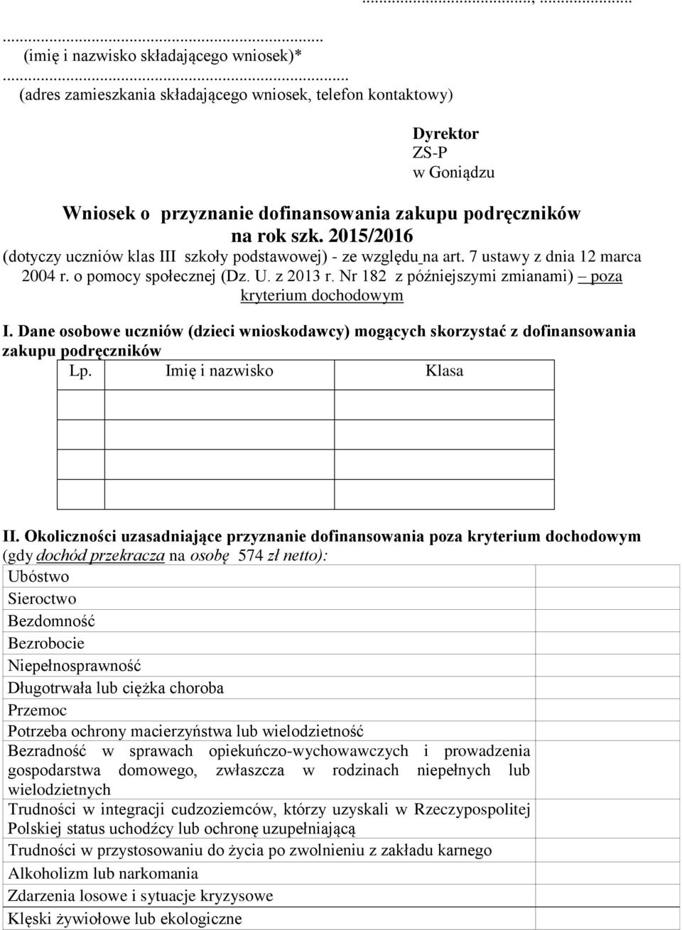 Okoliczności uzasadniające przyznanie dofinansowania poza kryterium dochodowym (gdy dochód przekracza na osobę 574 zł netto): Ubóstwo Sieroctwo Bezdomność Bezrobocie Niepełnosprawność Długotrwała lub