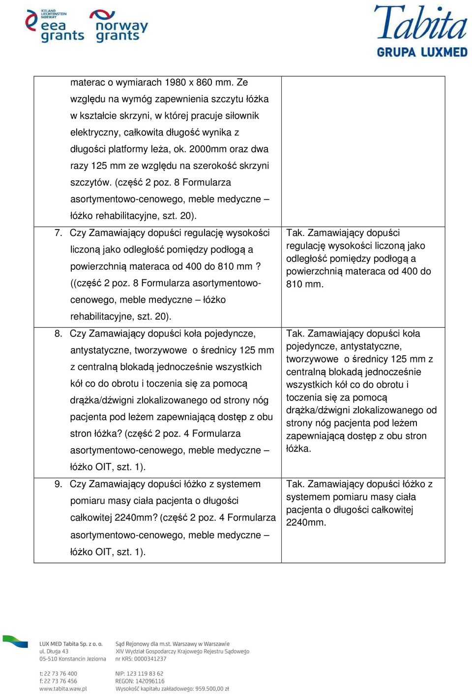 Czy Zamawiający dopuści regulację wysokości liczoną jako odległość pomiędzy podłogą a powierzchnią materaca od 400 do 810 mm? ((część 2 poz.