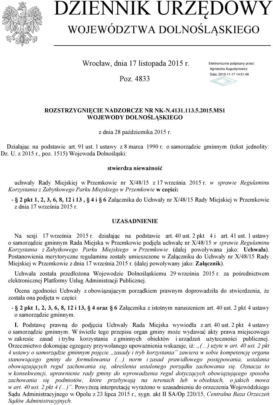 1515) Wojewoda Dolnośląski: stwierdza nieważność uchwały Rady Miejskiej w Przemkowie nr X/48/15 z 17 września 2015 r.