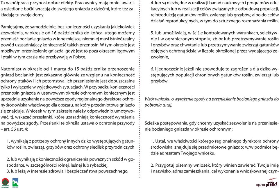 realny powód uzasadniający konieczność takich przenosin. W tym okresie jest możliwym przeniesienie gniazda, gdyż jest to poza okresem lęgowym i ptaki w tym czasie nie przebywają w Polsce.