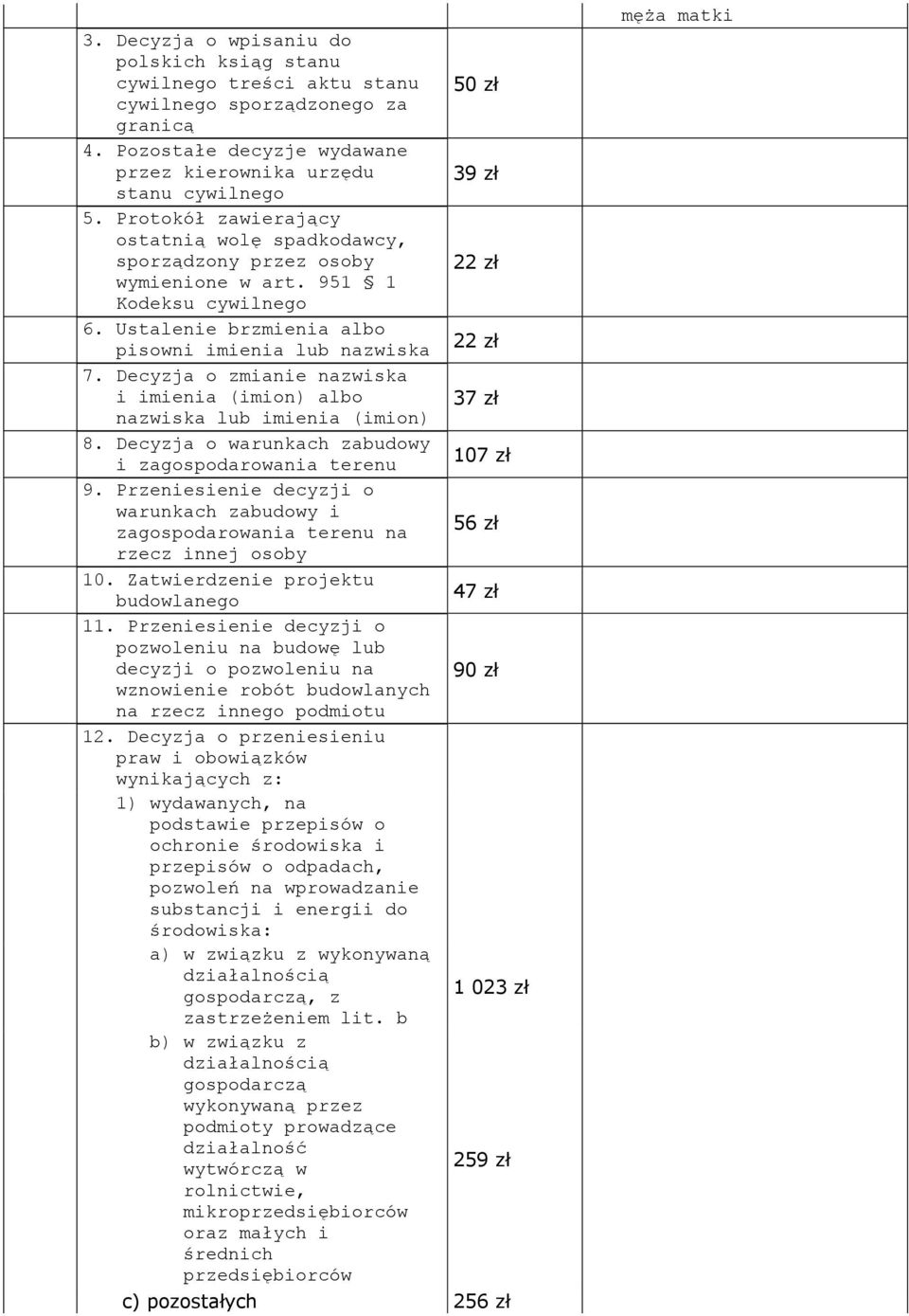 Decyzja o zmianie nazwiska i imienia (imion) albo nazwiska lub imienia (imion) 8. Decyzja o warunkach zabudowy i zagospodarowania terenu 9.