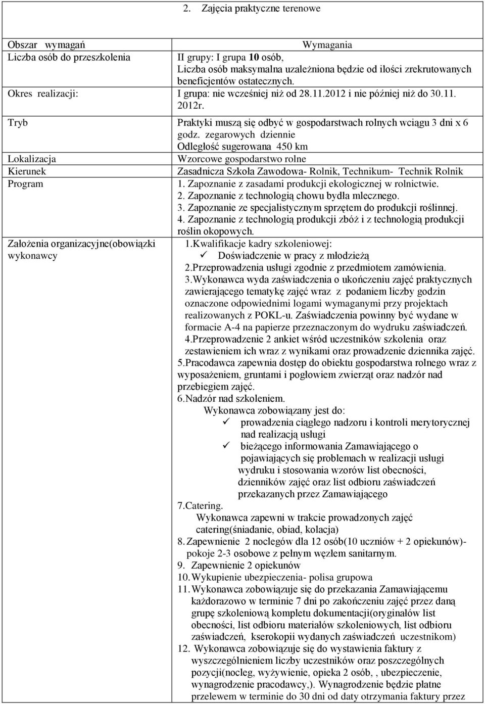 zegarowych dziennie Odległość sugerowana 450 km Lokalizacja Wzorcowe gospodarstwo rolne Kierunek Program Założenia organizacyjne(obowiązki wykonawcy Zasadnicza Szkoła Zawodowa- Rolnik, Technikum-