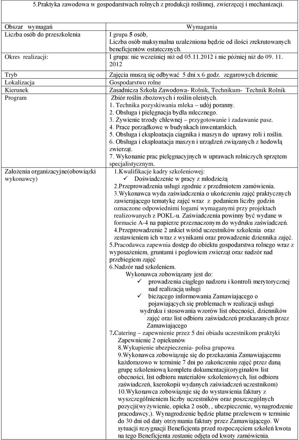 Okres realizacji: I grupa: nie wcześniej niż od 05.11.2012 i nie później niż do 09. 11.