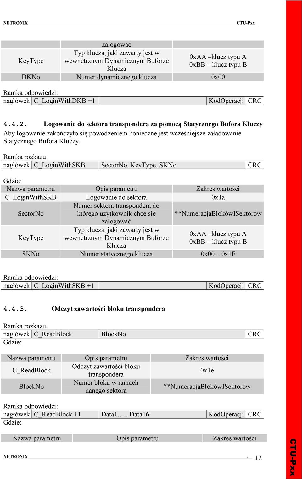 nagłówek C_LoginWithSKB SectorNo, KeyType, SKNo CRC C_LoginWithSKB Logowanie do sektora 0x1a SectorNo Numer sektora transpondera do którego użytkownik chce się **NumeracjaBlokówISektorów KeyType