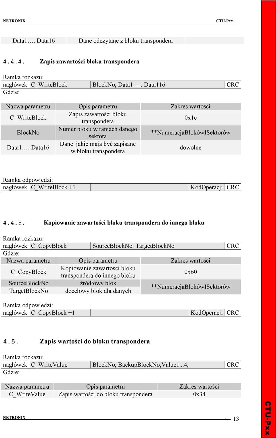 Data16 Dane jakie mają być zapisane w bloku transpondera dowolne nagłówek C_WriteBlock +1 4.4.5.