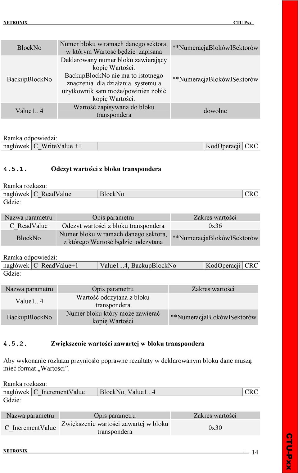 Wartość zapisywana do bloku transpondera **NumeracjaBlokówISektorów **NumeracjaBlokówISektorów dowolne nagłówek C_WriteValue +1 