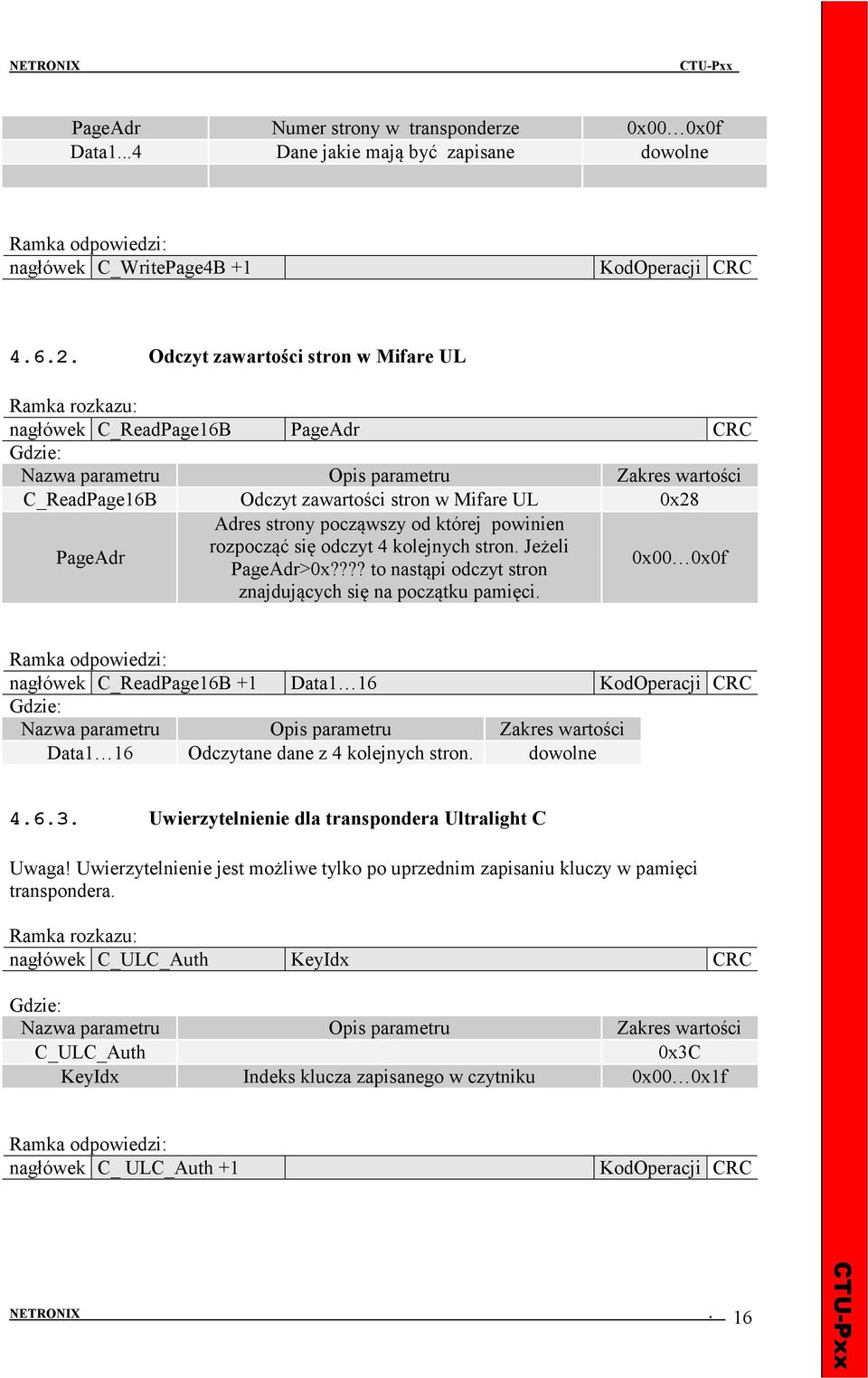 kolejnych stron. Jeżeli PageAdr>0x???? to nastąpi odczyt stron znajdujących się na początku pamięci. 0x00 0x0f nagłówek C_ReadPage16B +1 Data1 16 Data1 16 Odczytane dane z 4 kolejnych stron.