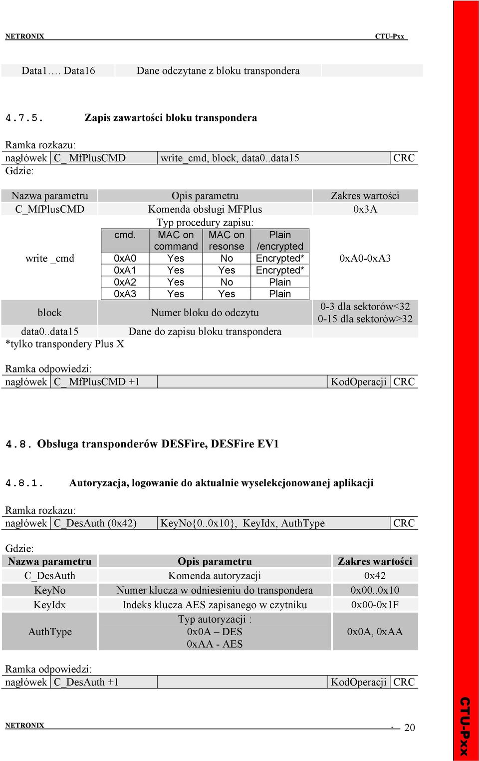 MAC on command MAC on resonse Plain /encrypted write _cmd 0xA0 Yes No Encrypted* 0xA0-0xA3 0xA1 Yes Yes Encrypted* 0xA2 Yes No Plain 0xA3 Yes Yes Plain block Numer bloku do odczytu 0-3 dla
