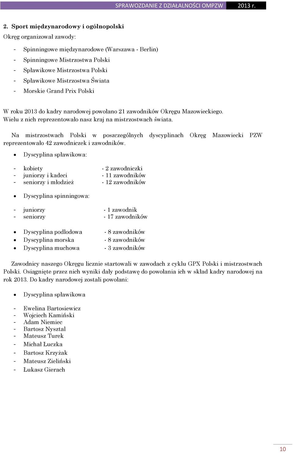 Na mistrzostwach Polski w poszczególnych dyscyplinach Okręg Mazowiecki PZW reprezentowało 42 zawodniczek i zawodników.